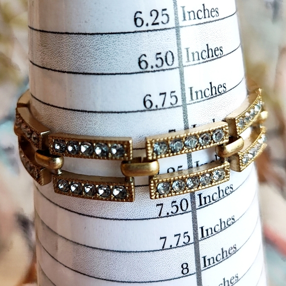 Unsigned Brass Tone Matte Clear Rhinestone Encrusted Rectangular Link Bracelet - Picture 12 of 14